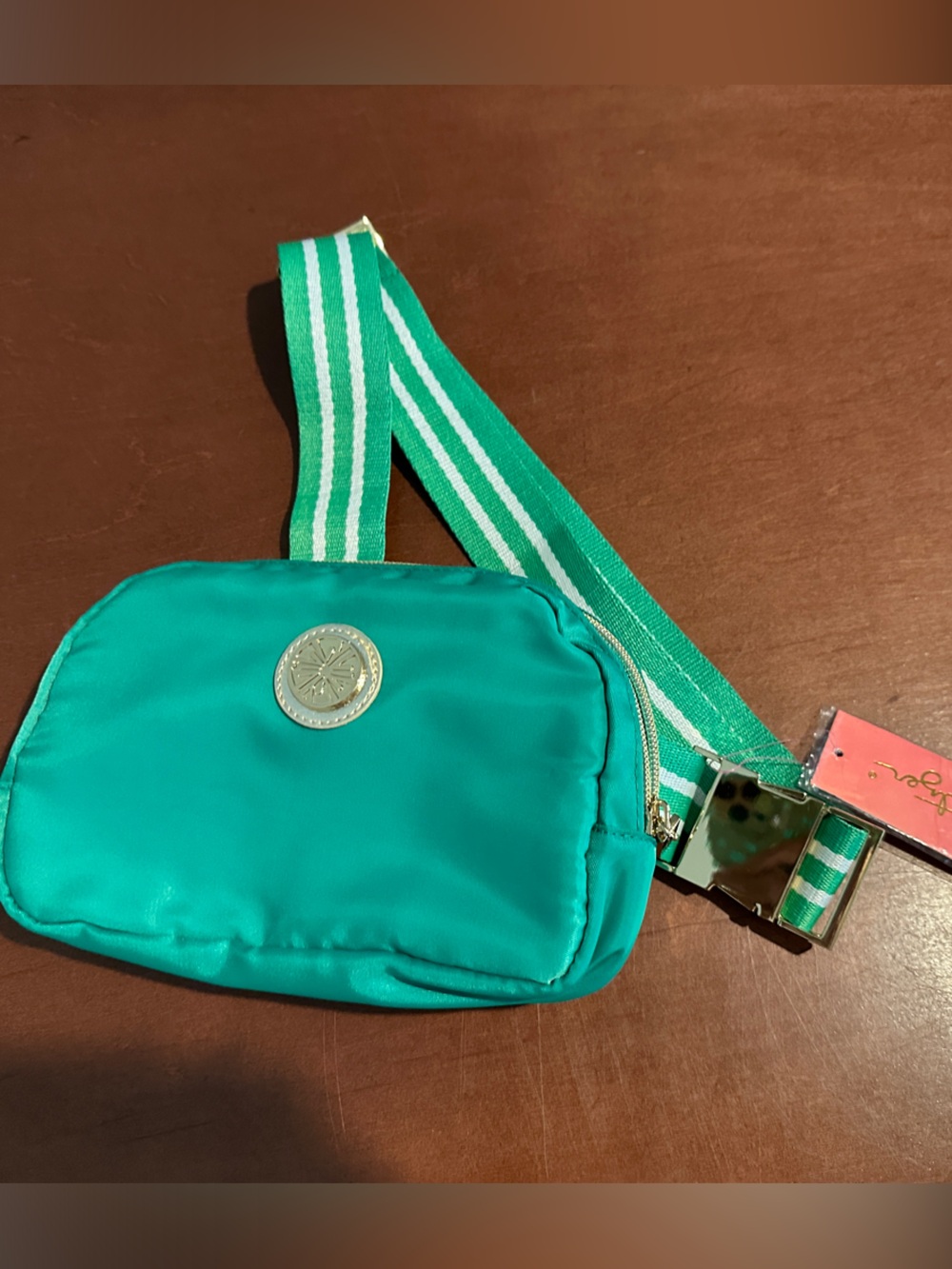 Lilly Pulitzer Teal Crossbody Belt Bag with Green-White Striped Strap